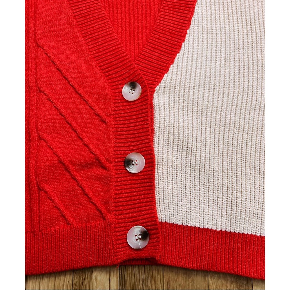 Lush Colorblock Red and Cream Cropped Button Cardigan - Picture 4 of 15